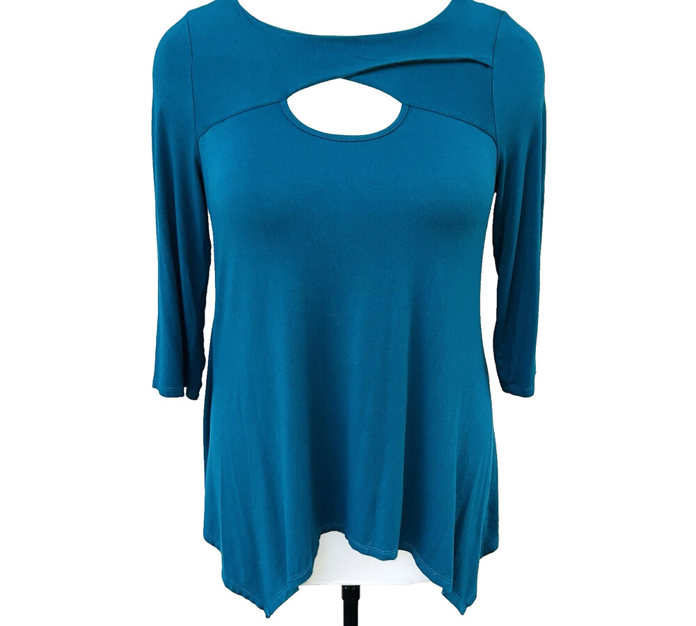 Sunny Leigh Tunic Top Blouse Women's XL Teal Blue Sharkbite Hem Keyhole Neck 3/4